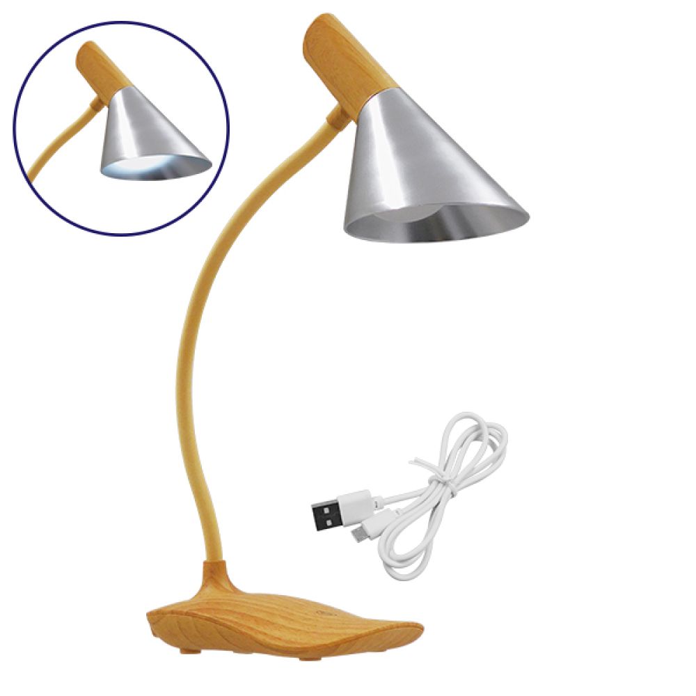 GloboStar® DRAPER 01438 Επιτραπέζιο Φωτιστικό Πορτατίφ LED 6W 500lm 360° DC 5V IP20 Φυσικό Λευκό 4500K Dimmable Μπεζ Ξύλο με Ασημί Μέταλλο - Μ10 x Π14 x Υ33cm - 2 Xρόνια Εγγύηση