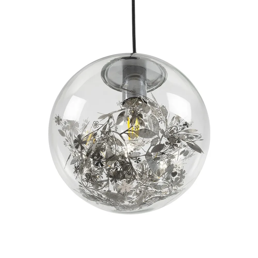 GLOBOSTAR® HARPER 01510 Μοντέρνο Κρεμαστό Φωτιστικό Οροφής με Ντουί 1 x E27 AC 220-240V IP20 - Διάφανο & Ασημί - Μ25 x Π25 x Υ30cm