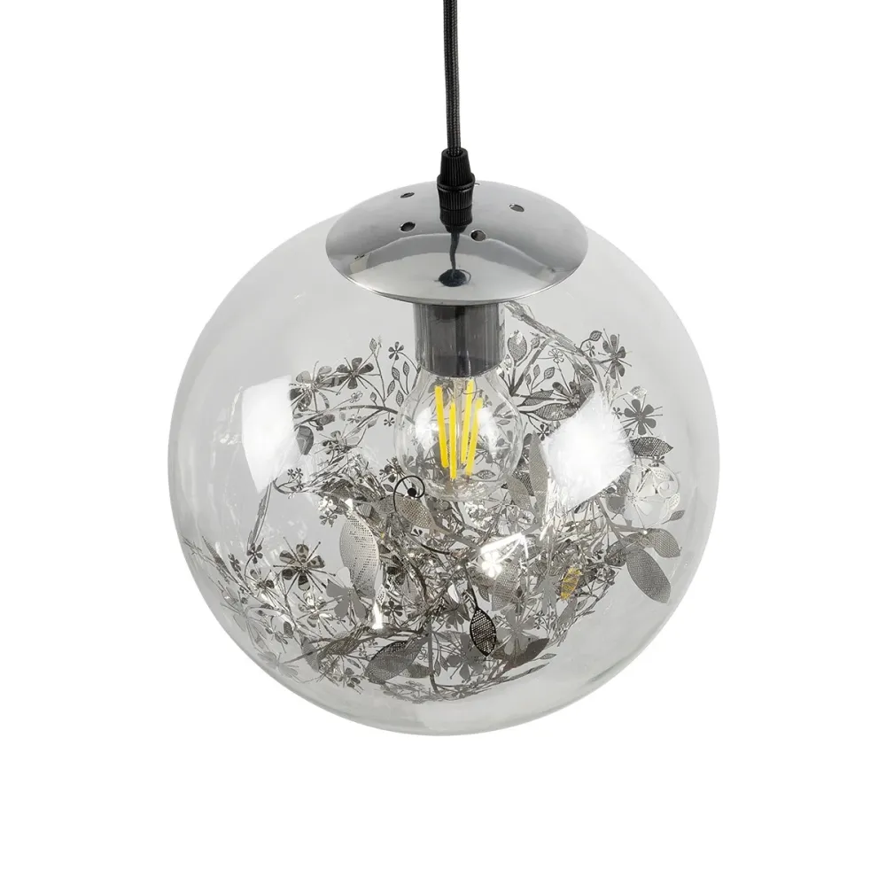 GLOBOSTAR® HARPER 01510 Μοντέρνο Κρεμαστό Φωτιστικό Οροφής με Ντουί 1 x E27 AC 220-240V IP20 - Διάφανο & Ασημί - Μ25 x Π25 x Υ30cm