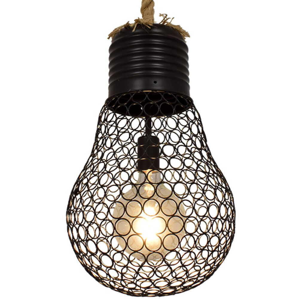 ΠΡΟΣΦΟΡΑ GloboStar® URBAN 01522 Vintage Industrial Κρεμαστό Φωτιστικό Οροφής Μονόφωτο 1 x E27 Μαύρο Μεταλλικό Πλέγμα με Μπεζ Σχοινί Φ28 x Υ40cm
