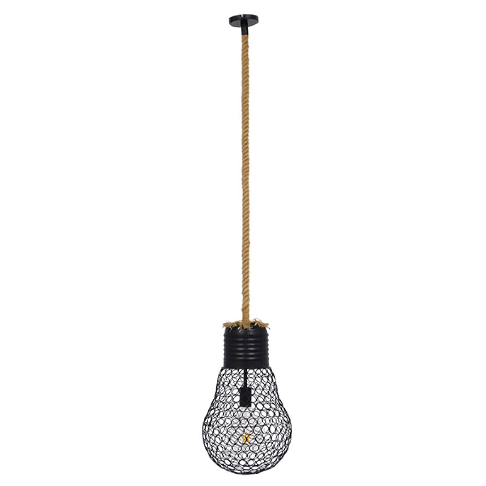 ΠΡΟΣΦΟΡΑ GloboStar® URBAN 01522 Vintage Industrial Κρεμαστό Φωτιστικό Οροφής Μονόφωτο 1 x E27 Μαύρο Μεταλλικό Πλέγμα με Μπεζ Σχοινί Φ28 x Υ40cm