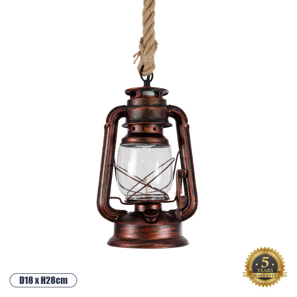 GLOBOSTAR® BARBAROSSA 01707 Vintage Κρεμαστό Φωτιστικό Οροφής με Ντουί 1 x E27 AC 220-240V IP20 - Χάλκινο - Μ18 x Π18 x Υ28cm