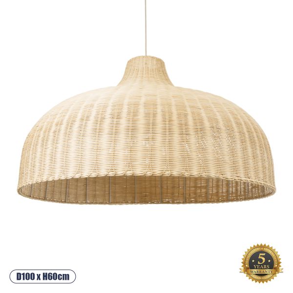 GloboStar® AFURU 01829 Boho Κρεμαστό Φωτιστικό Καμπάνα Μονόφωτο 1 x E27 IP20 Μπεζ Ξύλο - Μ100 x Π100 x Υ60cm