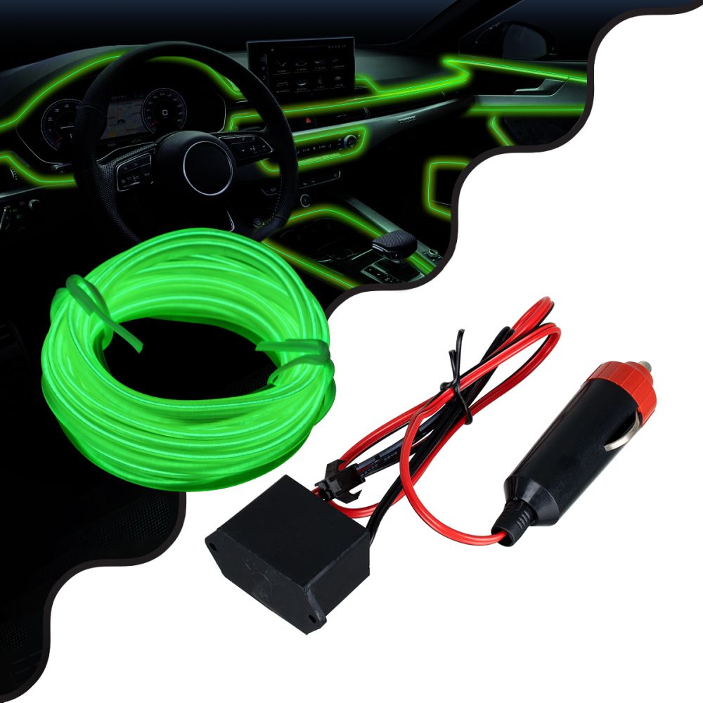 ΠΡΟΣΦΟΡΑ GloboStar® 82202 TUBE 360° Degree Διακοσμητική EL-Wire Neon Αυτοκινήτου Κορδόνι ΣΕΤ 3m 1W/3m 30lm/m 360° DC 12V με Βύσμα Αναπτήρα Αυτοκινήτου Αδιάβροχη IP68 Πράσινο Φωσφορούχο