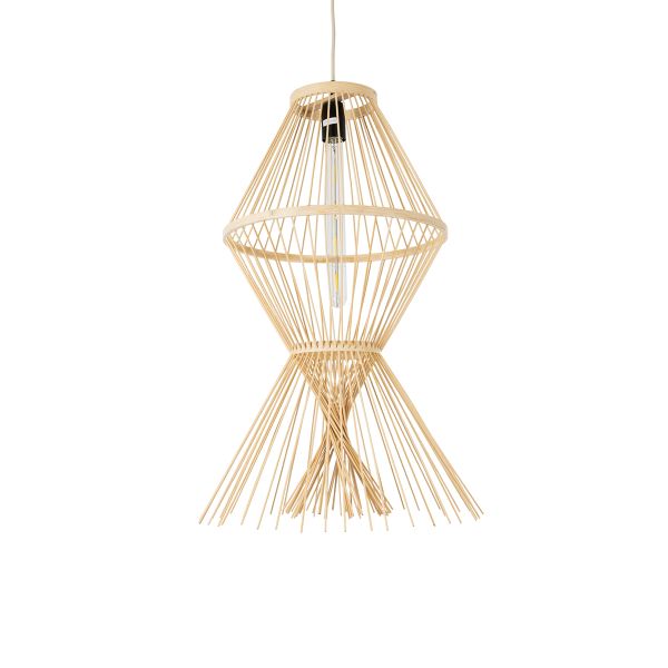 GloboStar® YOSHI 01928 Boho Κρεμαστό Φωτιστικό Πλέγμα Μονόφωτο 1 x E27 IP20 Μπεζ Ξύλο - Μ35 x Π35 x Υ60cm