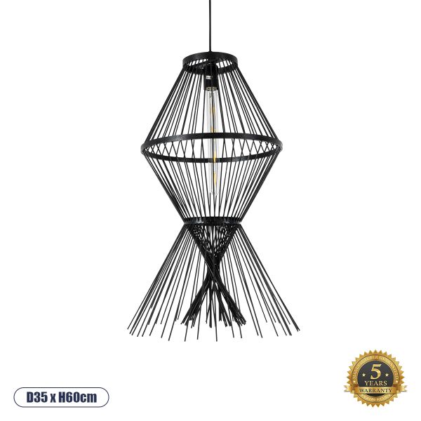 GloboStar® YOSHI 01929 Boho Κρεμαστό Φωτιστικό Πλέγμα Μονόφωτο 1 x E27 IP20 Μαύρο Ξύλο - Μ35 x Π35 x Υ60cm