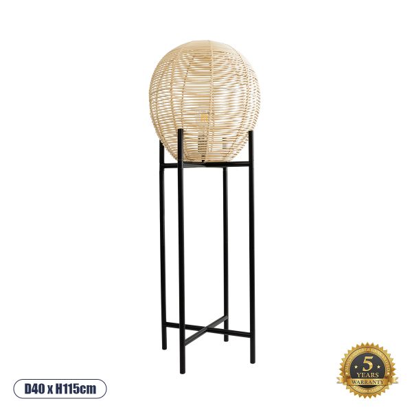 GloboStar® NERINA 02015 Boho Επιδαπέδιο Φωτιστικό Μονόφωτο 1 x E27 IP20 Μαύρο Μέταλλο με Μπεζ Ξύλο - Μ40 x Π40 x Υ115cm