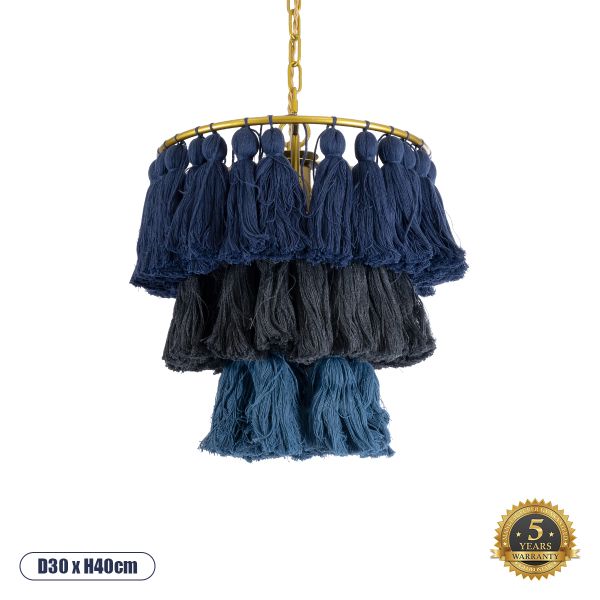 GLOBOSTAR® MISSOULA 02085 Boho Κρεμαστό Φωτιστικό Οροφής με Ντουί 1 x E27 AC 220-240V IP20 - Μπλε, Χρυσό & Μαύρο - Μ30 x Π30 x Υ40cm