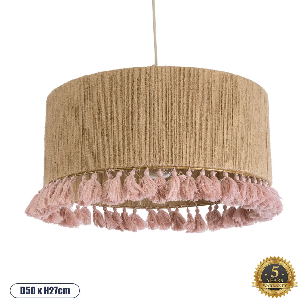 GLOBOSTAR® PUERTORICO 02096 Boho Κρεμαστό Φωτιστικό Οροφής με Ντουί 1 x E27 AC 220-240V IP20 - Μπεζ & Ροζ - Μ50 x Π50 x Υ27cm