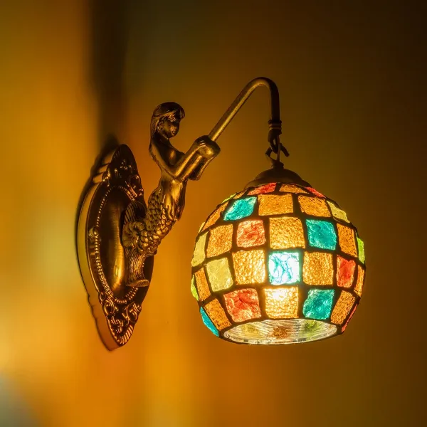 GLOBOSTAR® MERMAID 02389 Vintage Φωτιστικό Τοίχου - Απλίκα με Ντουί 1 x E27 AC 220-240V IP20 - Μπρούτζινο & Πολύχρωμο - Μ17 x Π30 x Υ27cm