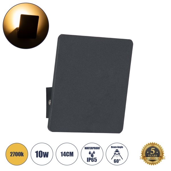 GLOBOSTAR® CUADRADO 60571 Μοντέρνο Φωτιστικό Τοίχου - Απλίκα LED 10W 1000lm 60° AC 220-240V Αδιάβροχο IP65 Θερμό Λευκό 2700K - Bridgelux COB Chip & TÜV SÜD Driver - Μαύρο Ματ - Μ14 x Π14 x Υ4.5cm - 5 Χρόνια Εγγύηση
