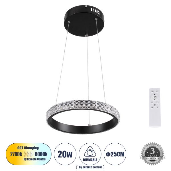 GloboStar® DIAMOND 61126 Κρεμαστό Φωτιστικό Δαχτυλίδι-Κύκλος LED CCT 20W 2356lm 360° AC 220-240V - Εναλλαγή Φωτισμού μέσω Τηλεχειριστηρίου All In One Ψυχρό 6000k+Φυσικό 4500k+Θερμό 2700k Dimmable Φ25cm - Μαύρο - 3 Years Warranty