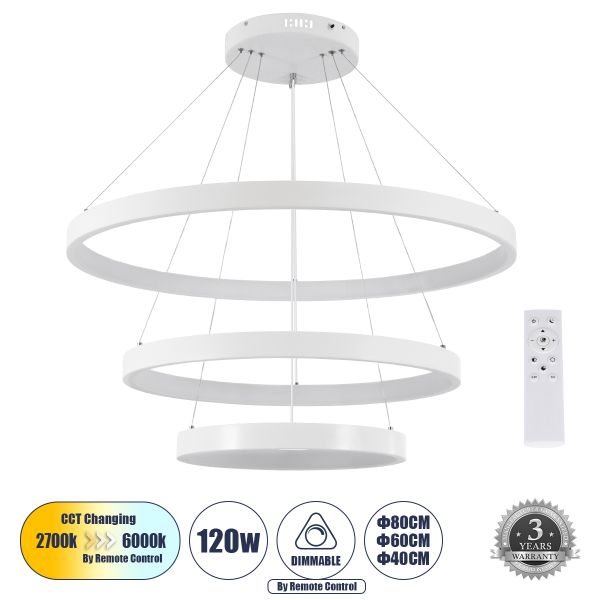 GLOBOSTAR® NEMESIS TRIO 61171 Μοντέρνο Κρεμαστό Φωτιστικό Οροφής LED 120W 14723lm 360° AC 220-240V IP20 Ρυθμιζόμενο Λευκό CCT με Χειριστήριο από 2700K έως 6000K Dimmable - Lumileds SMD Chip - Λευκό - Μ80 x Π80 x Υ90cm - 3 Χρόνια Εγγύηση