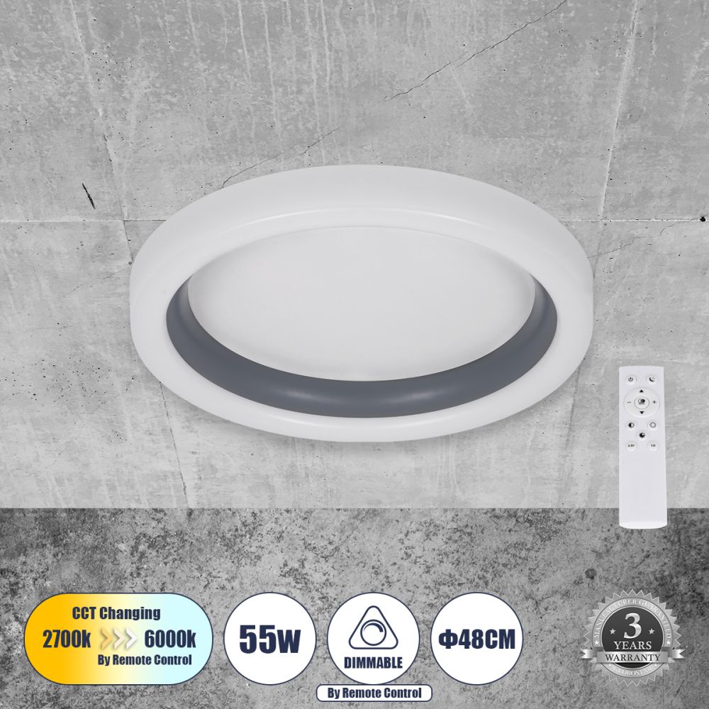 GLOBOSTAR® ARIANA 61036 Μοντέρνο Φωτιστικό Οροφής LED 55W 6376lm 120° AC 220-240V IP20 Ρυθμιζόμενο Λευκό CCT με Χειριστήριο από 2700K έως 6000K Dimmable - Lumileds SMD Chip - Γκρι - Μ48 x Π48 x Υ9cm - 3 Χρόνια Εγγύηση