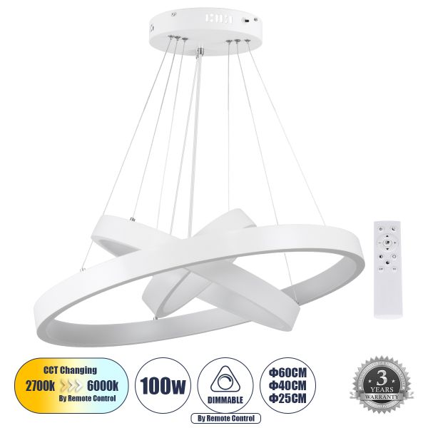 GLOBOSTAR® NEMESIS TRIO 61168-DECO Μοντέρνο Κρεμαστό Φωτιστικό Οροφής LED 100W 12123lm 360° AC 220-240V IP20 Ρυθμιζόμενο Λευκό CCT με Χειριστήριο από 2700K έως 6000K Dimmable - Lumileds SMD Chip - Λευκό - Μ25 x Π40 x Υ60cm - 3 Χρόνια Εγγύηση