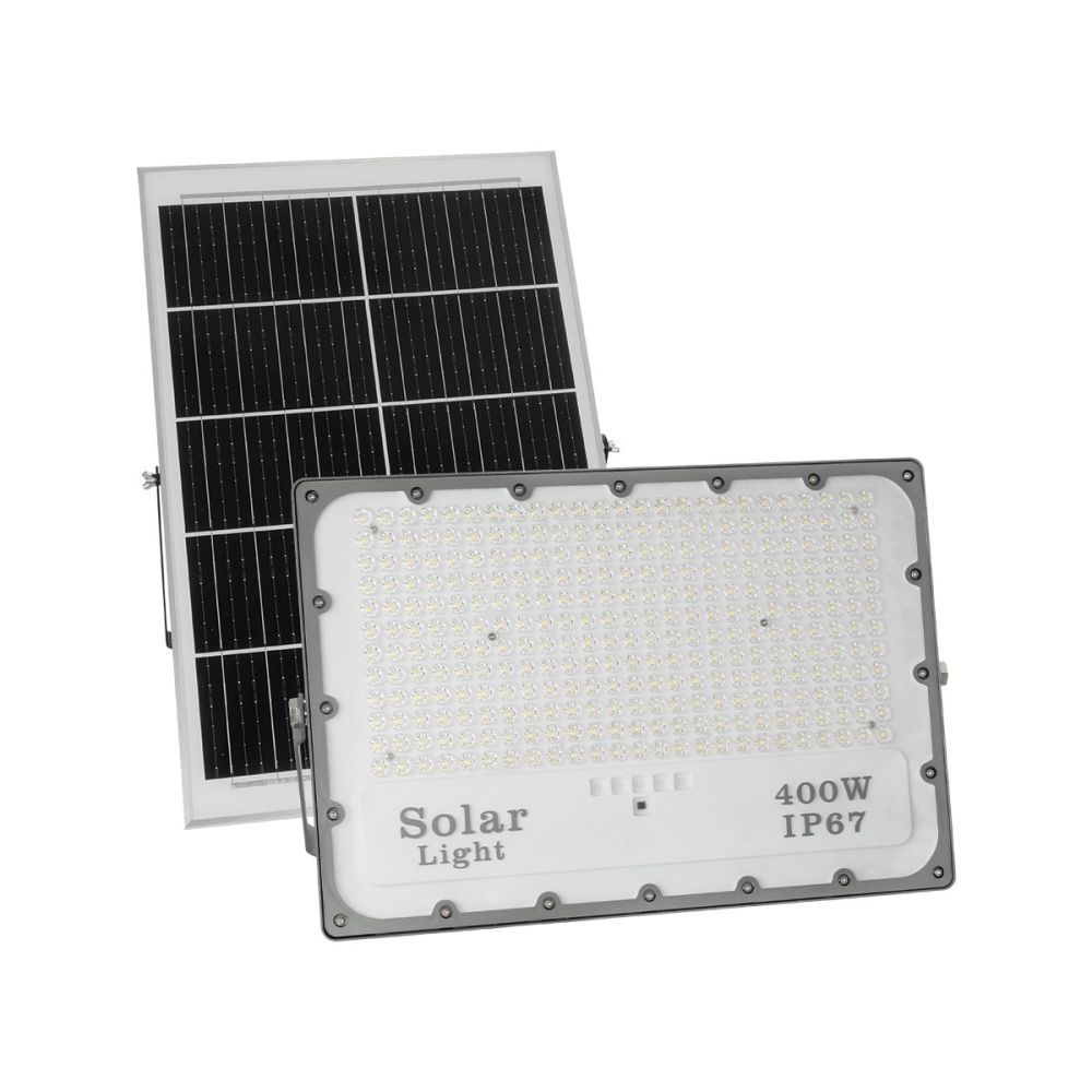 GLOBOSTAR® LUMOVOX 73070 Προβολέας LED 400W 20000lm 120° DC 5V με Φωτοβολταϊκό Panel 5V 25W & Επαναφορτιζόμενη Μπαταρία Li-ion 3.2V 20000mAh Αδιάβροχο IP67 Ψυχρό Λευκό 6000K - 400 x SMD2835 Sanan Chip - Γκρι Ανθρακί - Μ45 x Π7.5 x Υ30.5cm - 2 Χρόνια Ε