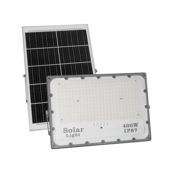 GLOBOSTAR® LUMOVOX 73070 Προβολέας LED 400W 20000lm 120° DC 5V με Φωτοβολταϊκό Panel 5V 25W & Επαναφορτιζόμενη Μπαταρία Li-ion 3.2V 20000mAh Αδιάβροχο IP67 Ψυχρό Λευκό 6000K - 400 x SMD2835 Sanan Chip - Γκρι Ανθρακί - Μ45 x Π7.5 x Υ30.5cm - 2 Χρόνια Ε
