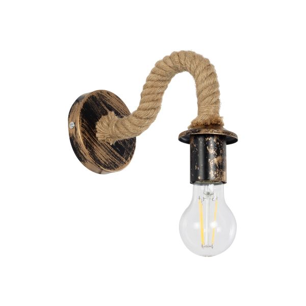 GloboStar® DAKER 01184 Vintage Επιτοίχιο Φωτιστικό Απλίκα Μονόφωτο 1 x E27 IP20 Χάλκινο Μέταλλο Με Μπεζ Σχοινί - Μ20 x Π10 x Υ15cm