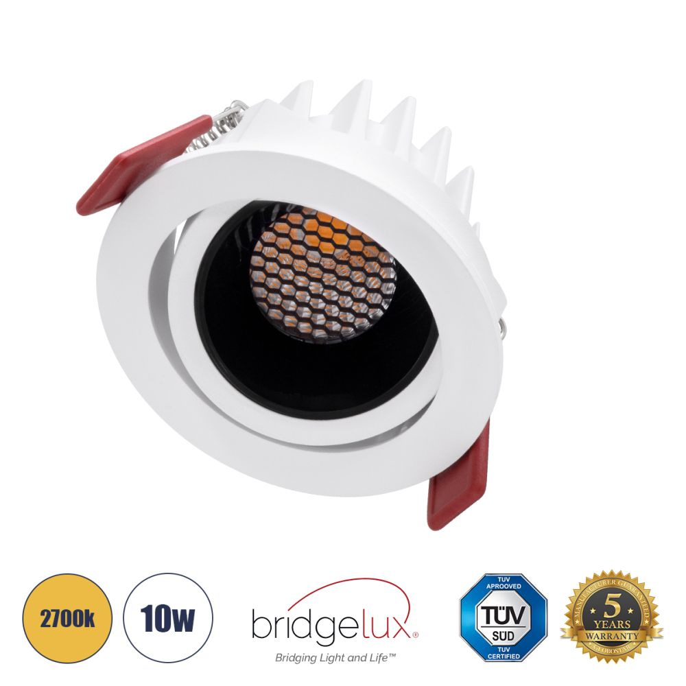 GLOBOSTAR® LEO-R 60283 Χωνευτό Κινούμενο Downlight Σποτ με Honeycomb Anti Glare Reflector LED 10W 1250lm 38° AC 220-240V IP20 Θερμό Λευκό 2700K - Bridgelux COB Chip & TÜV SÜD Driver - Λευκό & Μαύρο Ματ - Μ8.5 x Π8.5 x Υ6.6cm / Q7.5cm - 5 Χρόνια Εγ
