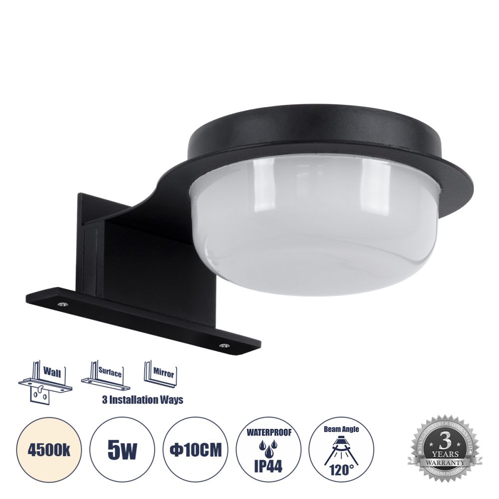 GLOBOSTAR® KIARA 60400 Μοντέρνο Φωτιστικό Τοίχου - Απλίκα Καθρέπτη Μπάνιου LED 5W 560lm 120° AC 220-240V IP44 Φυσικό Λευκό 4500K - Lumileds SMD Chip & TÜV SÜD Driver - Μαύρο Ματ & Λευκό - Μ10 x Π13 x Υ3cm - 3 Χρόνια Εγγύηση