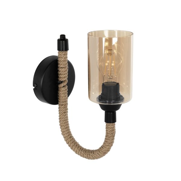 GloboStar® RIFT 203-0002 Vintage Επιτοίχιο Φωτιστικό Απλίκα Σχοινί Μονόφωτο 1 x E27 IP20 Μαύρο Μέταλλο με Μπεζ Σχοινί με Φιμέ Γυαλί - Μ12 x Π24 x Υ31cm