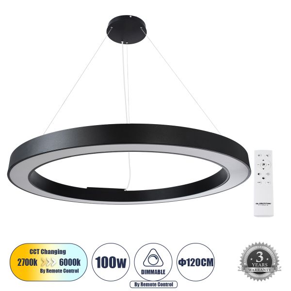 GLOBOSTAR® RA 61198 Μοντέρνο Κρεμαστό Φωτιστικό Οροφής LED 100W 11020lm 120° AC 220-240V IP20 Ρυθμιζόμενο Λευκό CCT με Χειριστήριο από 2700K έως 6000K Dimmable - Lumileds SMD Chip - Μαύρο - Μ120 x Π120 x Υ8cm - 3 Χρόνια Εγγύηση