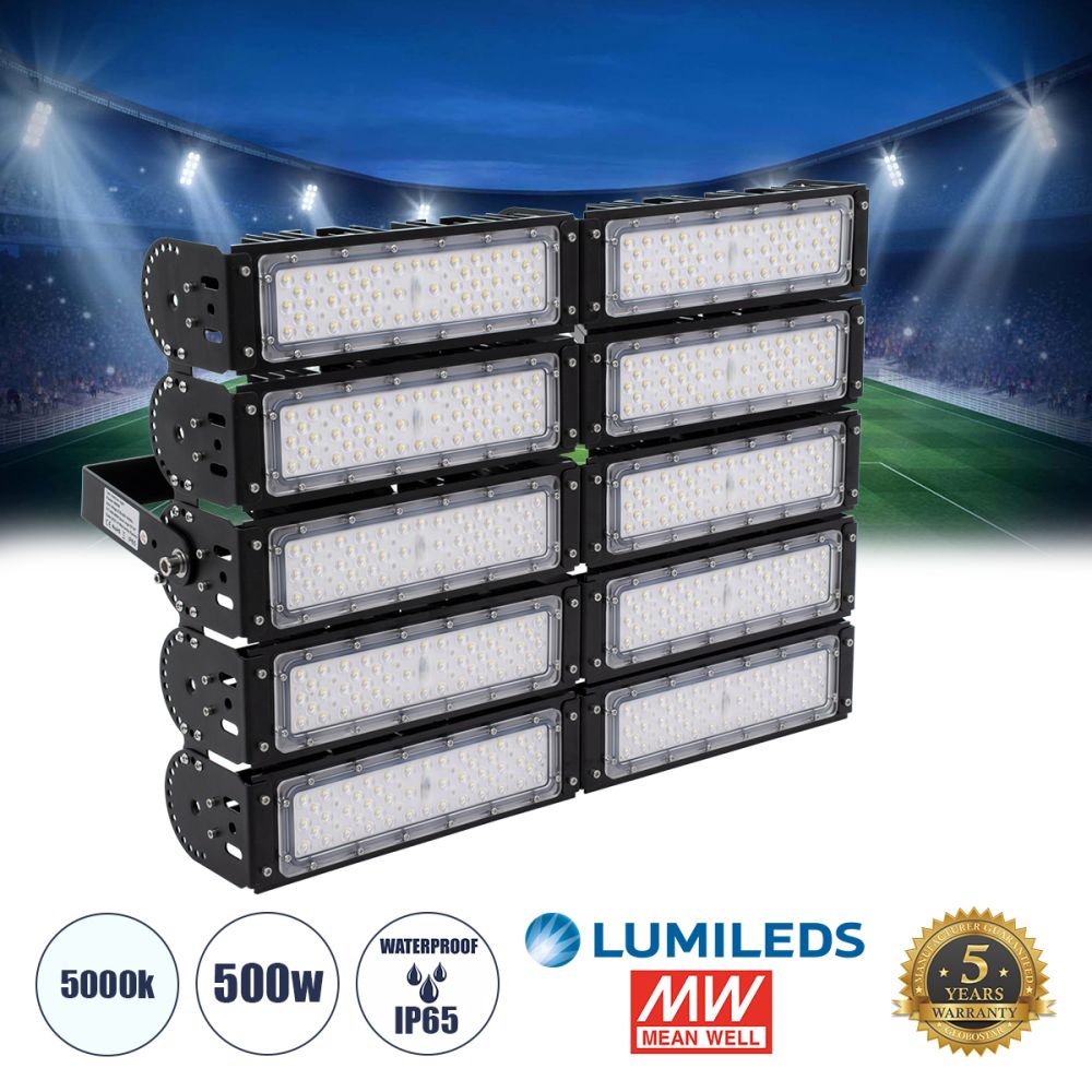 GLOBOSTAR® GOLIATH 90104 Προβολέας για Γήπεδα Tennis & Ποδοσφαίρου 5x5 LED 500W 75000lm 75°x135° SDCM<5 Fish Eye Lens AC 220-240V Αδιάβροχο IP65 IK08 Φυσικό Λευκό 5000K - Lumileds SMD Chip & Mean Well Driver - Μαύρο Ματ - Μ62 x Π22 x Υ45cm - 5 