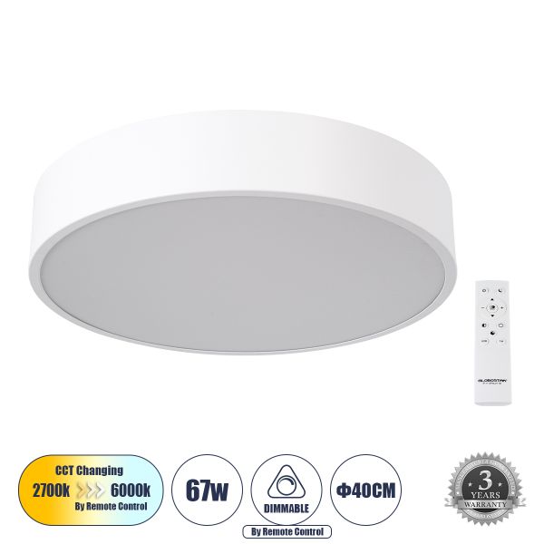 GLOBOSTAR® BURTON 61201-S Μοντέρνο Φωτιστικό Οροφής LED 67W 7370lm 120° AC 220-240V IP20 Ρυθμιζόμενο Λευκό CCT με Χειριστήριο από 2700K έως 6000K Dimmable - Lumileds SMD Chip - Λευκό Ματ - Μ40 x Π40 x Υ8cm - 3 Χρόνια Εγγύηση