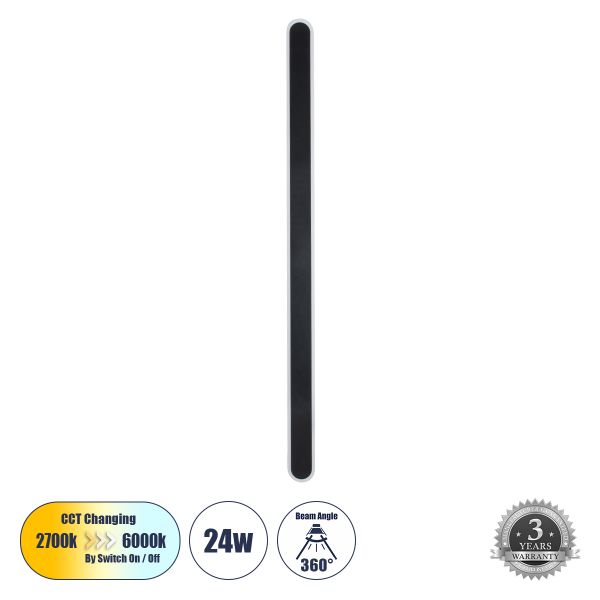 GLOBOSTAR® HOUSTON 61349 Μοντέρνο Φωτιστικό Τοίχου - Απλίκα LED 24W 2880lm 360° AC 220-240V IP20 Ρυθμιζόμενο Λευκό CCT με On/Off 2700K/4500K/6000K - Lumileds SMD Chip - Μαύρο Ματ - Μ6 x Π3 x Υ100cm - 3 Χρόνια Εγγύηση