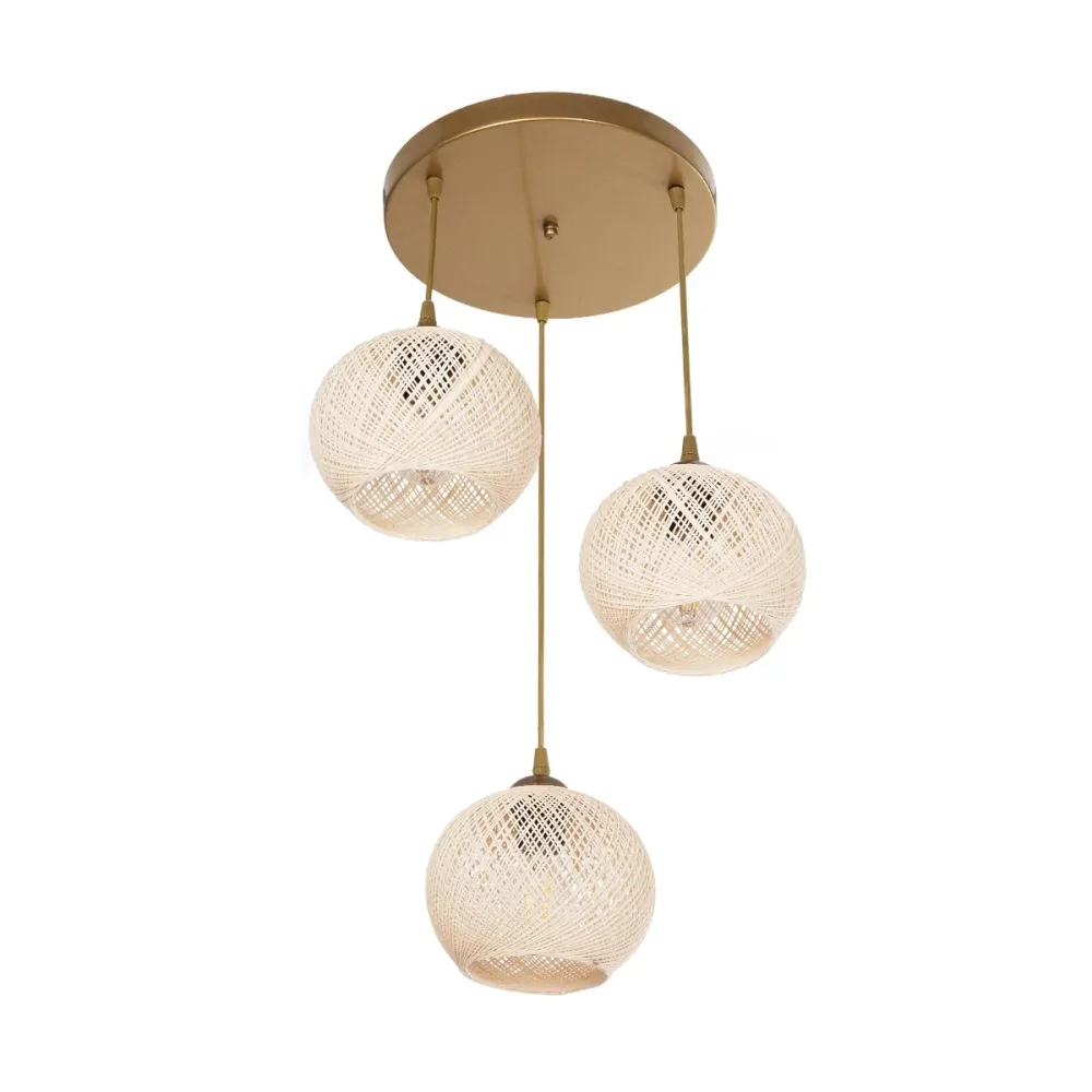 GLOBOSTAR® ILLUMIO 201-0027 Vintage Κρεμαστό Φωτιστικό Οροφής με Ντουί 3 x E27 AC 220-240V IP20 - Χρυσό & Μπεζ - Μ40 x Π40 x Υ53cm