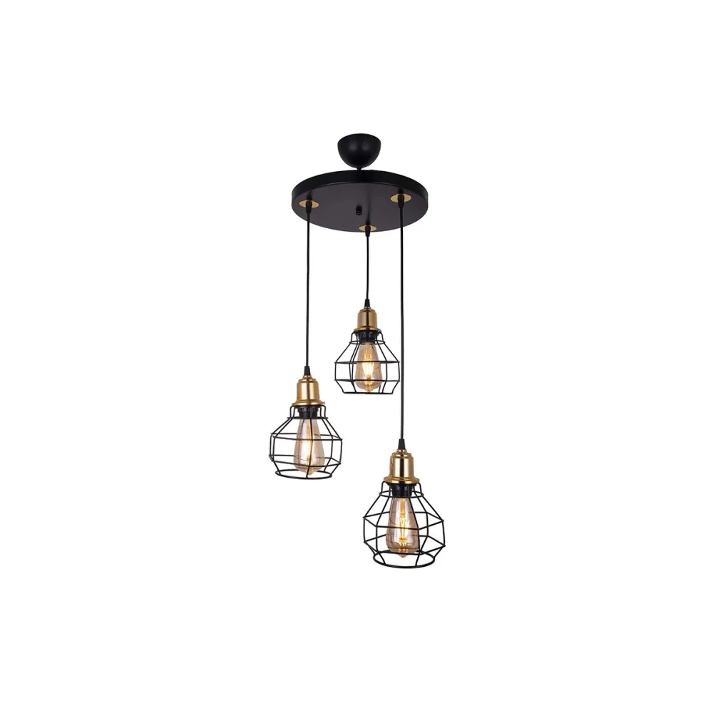 GLOBOSTAR® NOVARAY 201-0083 Vintage Κρεμαστό Φωτιστικό Οροφής με Ντουί 3 x E27 AC 220-240V IP20 - Μαύρο & Χρυσό - Μ40 x Π40 x Υ50cm