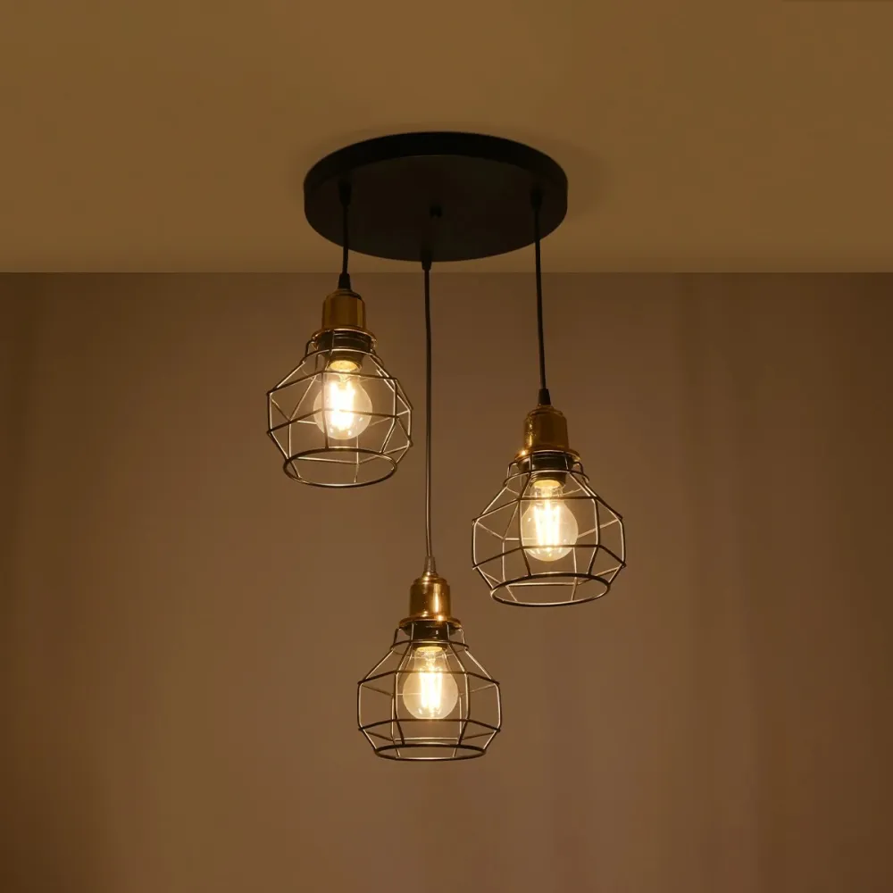 GLOBOSTAR® NOVARAY 201-0083 Vintage Κρεμαστό Φωτιστικό Οροφής με Ντουί 3 x E27 AC 220-240V IP20 - Μαύρο & Χρυσό - Μ40 x Π40 x Υ50cm