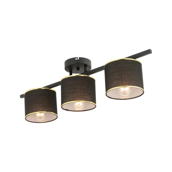 GloboStar® GLOWEN 201-0086 Vintage Φωτιστικό Οροφής Ράγα Τρίφωτο 3 x E27 IP20 Μαύρο Μέταλλο με Καφέ Υφάσμα - Μ80 x Π20 x Υ20cm