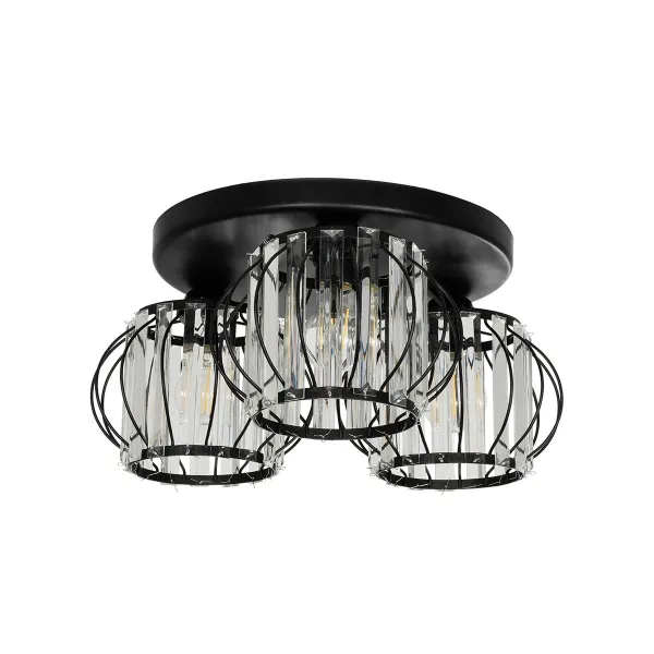 GloboStar® ILLUME 201-0100 Vintage Φωτιστικό Οροφής Κρύσταλλα Τρίφωτο 3 x E27 IP20 Μαύρο & Χρυσό Μέταλλο με Διάφανο Κρύσταλλο - Μ50 x Π50 x Υ19cm