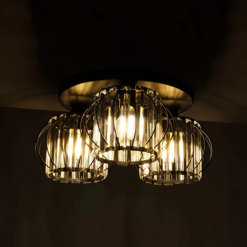GLOBOSTAR® ILLUME 201-0100 Vintage Φωτιστικό Οροφής με Ντουί 3 x E27 AC 220-240V IP20 - Μαύρο & Διάφανο - Μ50 x Π50 x Υ19cm