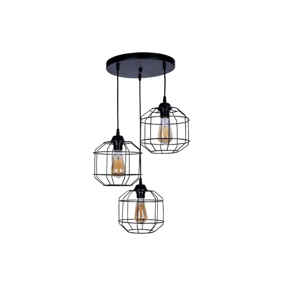 GLOBOSTAR® RAYNO 201-0108 Vintage Κρεμαστό Φωτιστικό Οροφής με Ντουί 3 x E27 AC 220-240V IP20 - Μαύρο - Μ42 x Π42 x Υ60cm