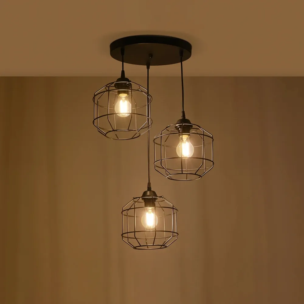 GLOBOSTAR® RAYNO 201-0108 Vintage Κρεμαστό Φωτιστικό Οροφής με Ντουί 3 x E27 AC 220-240V IP20 - Μαύρο - Μ42 x Π42 x Υ60cm