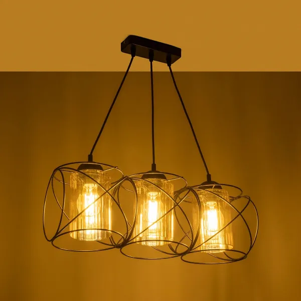 GLOBOSTAR® GLINDER 201-0141 Vintage Κρεμαστό Φωτιστικό Οροφής με Ντουί 3 x E27 AC 220-240V IP20 - Μαύρο & Μελί - Μ53 x Π25 x Υ23cm