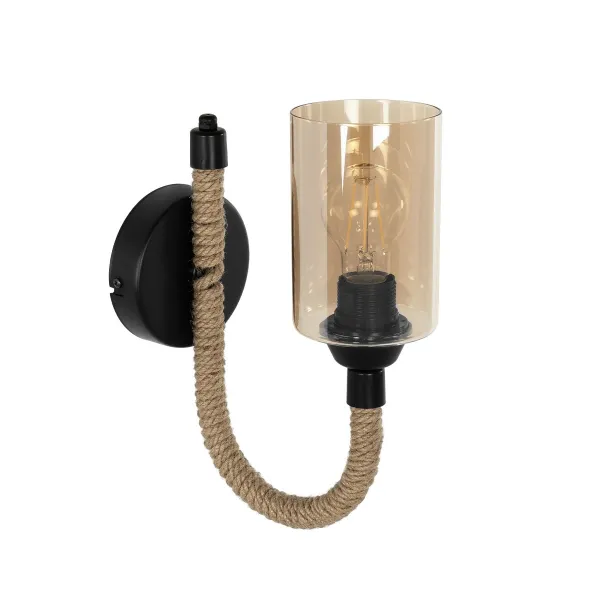 GloboStar® RIFT 203-0002 Vintage Επιτοίχιο Φωτιστικό Απλίκα Σχοινί Μονόφωτο 1 x E27 IP20 Μαύρο Μέταλλο με Μπεζ Σχοινί με Φιμέ Γυαλί - Μ12 x Π24 x Υ31cm