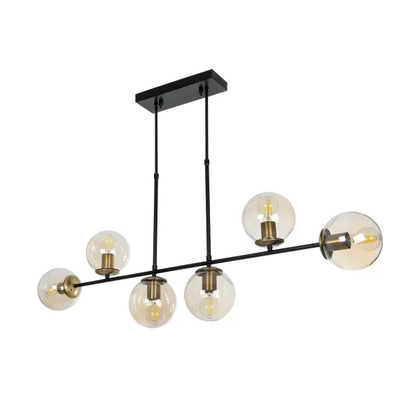GloboStar® LATTICE 203-0016 Μοντέρνο Κρεμαστό Φωτιστικό Μπάλα Πολύφωτο 6 x E27 IP20 Μαύρο & Μπρούτζινο Μέταλλο με Mελί Γυαλί - Μ120 x Π15 x Υ32cm