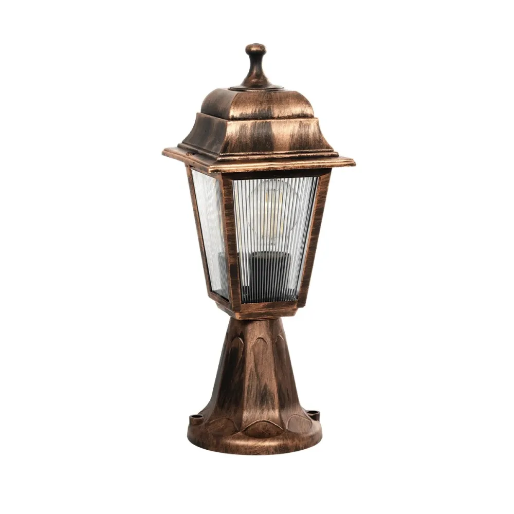 GloboStar® SOLME 203-0215 Vintage Επιδαπέδιο Φωτιστικό Φαναράκι Μονόφωτο 1 x E27 IP44 Χάλκινο & Διάφανο Πλαστικό - Μ22 x Π22 x Υ40cm