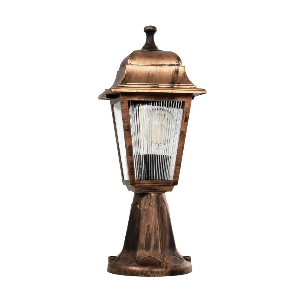 GloboStar® SOLME 203-0215 Vintage Επιδαπέδιο Φωτιστικό Φαναράκι Μονόφωτο 1 x E27 IP44 Χάλκινο & Διάφανο Πλαστικό - Μ22 x Π22 x Υ40cm