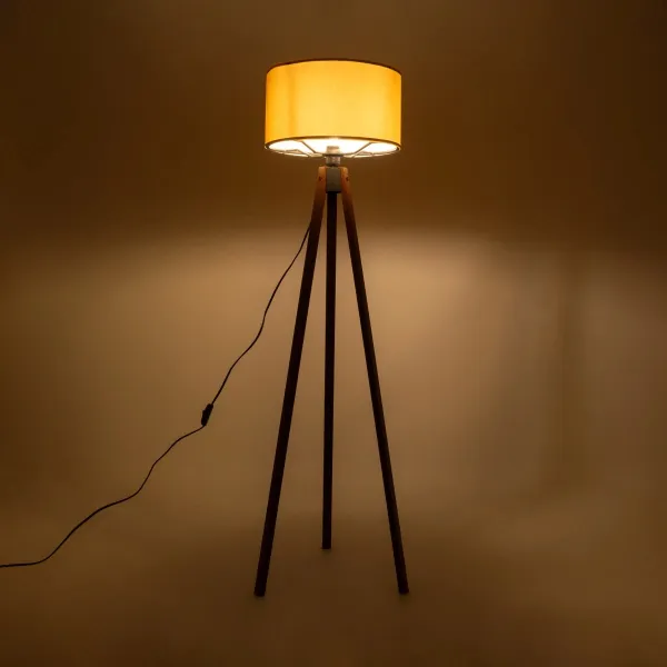 GloboStar® SAGA 204-0033 Μοντέρνο Eπιδαπέδιο Φωτιστικό Μονόφωτο 1 x E27 IP20 Καφέ Ξύλο με Κίτρινο Ύφασμα - Μ38 x Π38 x Υ140cm