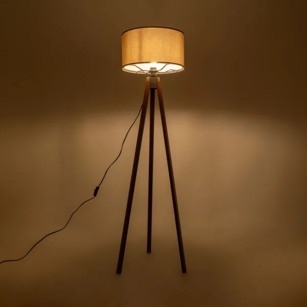 GloboStar® SAGA 204-0036 Μοντέρνο Eπιδαπέδιο Φωτιστικό Μονόφωτο 1 x E27 IP20 Καφέ Ξύλο με Γκρι Ύφασμα - Μ38 x Π38 x Υ140cm