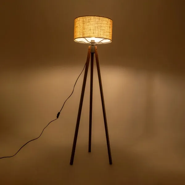 GloboStar® SAGA 204-0037 Μοντέρνο Eπιδαπέδιο Φωτιστικό Μονόφωτο 1 x E27 IP20 Καφέ Ξύλο με Mπεζ Ύφασμα - Μ38 x Π38 x Υ140cm