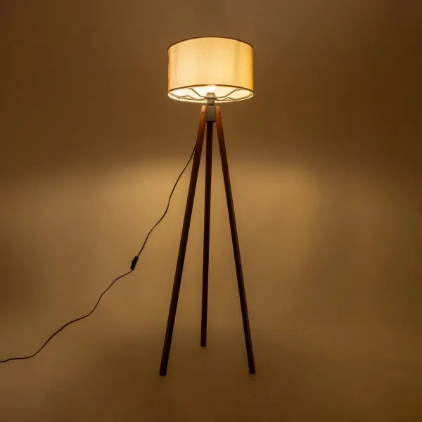 GloboStar® SAGA 204-0039 Μοντέρνο Eπιδαπέδιο Φωτιστικό Μονόφωτο 1 x E27 IP20 Καφέ Ξύλο με Μπεζ Ύφασμα - Μ38 x Π38 x Υ140cm