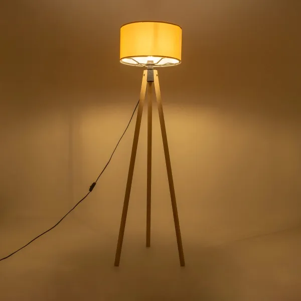 GloboStar® SAGA 204-0045 Μοντέρνο Eπιδαπέδιο Φωτιστικό Μονόφωτο 1 x E27 IP20 Μπεζ Ξύλο με Κίτρινο Ύφασμα - Μ38 x Π38 x Υ140cm