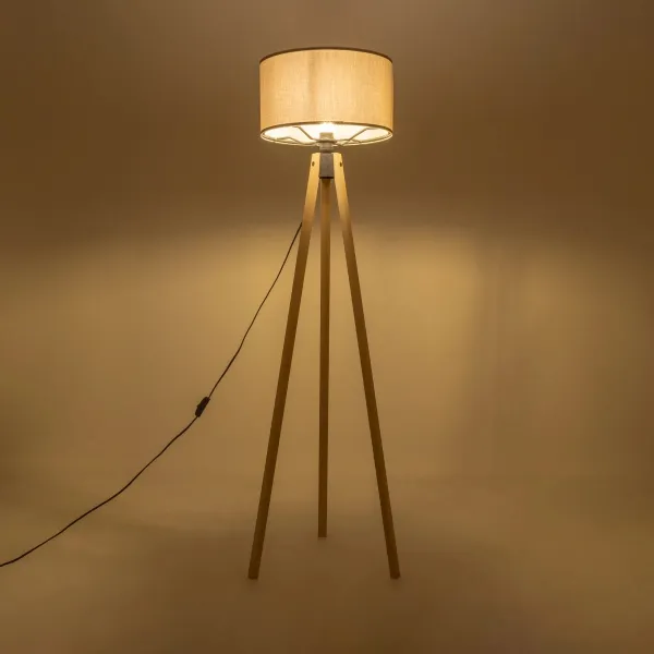 GloboStar® SAGA 204-0048 Μοντέρνο Eπιδαπέδιο Φωτιστικό Μονόφωτο 1 x E27 IP20 Μπεζ Ξύλο με Γκρι Ύφασμα - Μ38 x Π38 x Υ140cm