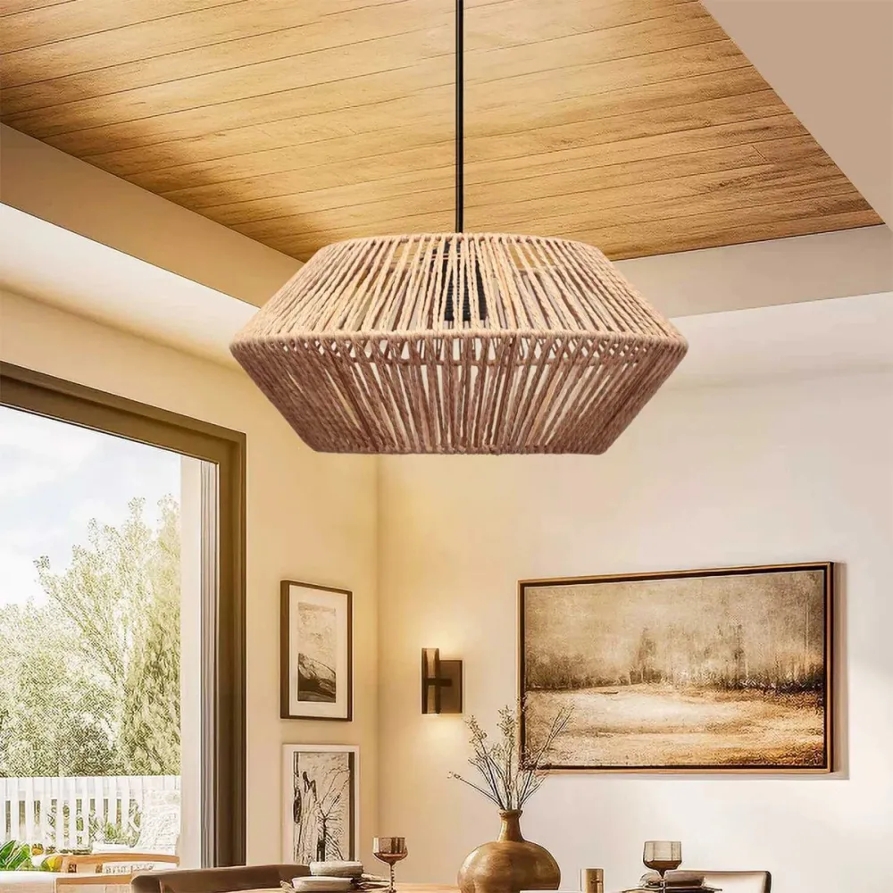 GLOBOSTAR® CASTRO 204-0164 Boho Κρεμαστό Φωτιστικό Οροφής με Ντουί 1 x E27 AC 220-240V IP20 - Μπεζ - Μ33 x Π33 x Υ17cm