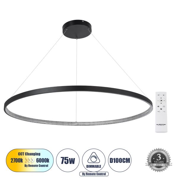 GLOBOSTAR® DIAMOND 61519 Μοντέρνο Κρεμαστό Φωτιστικό Οροφής LED 75W 8400lm 360° AC 220-240V IP20 Ρυθμιζόμενο Λευκό CCT με Χειριστήριο από 2700K έως 6000K Dimmable - Lumileds SMD Chip - Μαύρο - Μ100 x Π100 x Υ90cm - 3 Χρόνια Εγγύηση